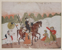 KT 1990 045
<br/>
Vorstelijk paar te paard begeleid door soldaten en bedienden te voet.
<br/>
<em>Anoniem India (18e eeuw)</em>